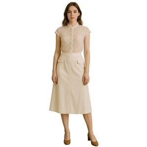VINTAGE 90s Utility‎ Military Pocket Midi Skirt Cream Minimalist Academia